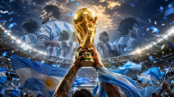 Argentina back-to-back World Cup champions 2026 concept with Messi and trophy